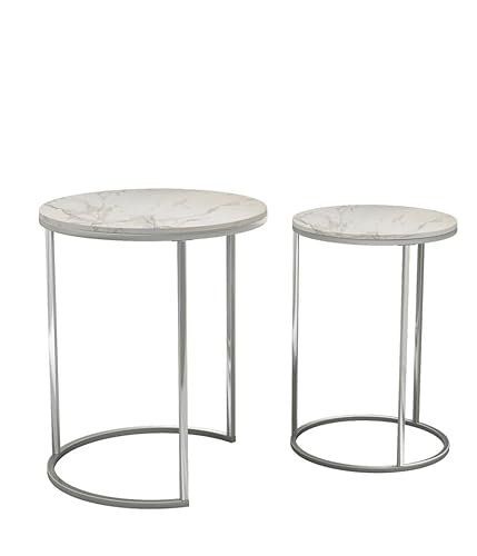 URBNLIVING 2 Pcs Round Nesting Stacking Sofa Side Bedside End Tables Set White Marble Wooden Top with Chrome Metal Legs Modern Space Saving Accent Coffee Tea for Living Room Bedroom Office