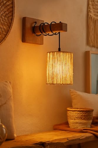 Image of AKWAY Rattan wall Lamps for Living Room | Bamboo wall Lights for Bedroom | Cane wall scones for Home Decoration (Bulb Not Included) (Raffia Hang)