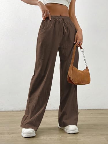 Image of TOPLOT Women's Linen Blend Wide Leg Palazzo Pants | Elastic Drawstring Waist Trousers for Woman | Relaxed Fit Casual Lounge Trousers | Breathable Straight Leg Everyday Bottom Wear (5268)