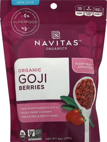 Image of Navitas Organics Goji Berries - For Smoothies,Trail Mix,Baked Goods,Oatmeal&More - Vitamin A,Antioxidants,Fiber - Wolfberry-USDA Organic,Non GMO,Gluten Free,Vegan (8oz. Bag,8 Servings) (Pack of 12)