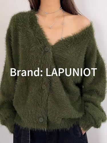 Image of Womens Fuzzy Sweaters Cardigan V-Neck Button Down Oversized Mohair Sweater Casual Y2k 2026 Fall Winter