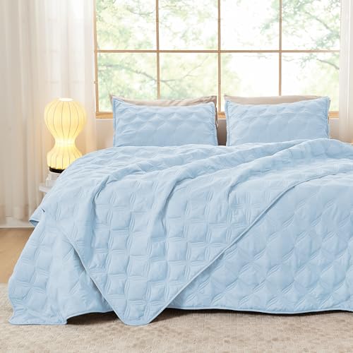 Image of Litanika Queen Quilt Bedding Set, Light Blue Summer Lightweight Soft Comforter Bedspreads & Coverlets, Boho Farmhouse Bedding Cover Bed Decor All Season, 3 Pieces (1 Quilt, 2 Pillowcases)