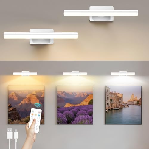 AMFUN 2 Pezzi Luce Per Quadri Senza Filo, Lampada Da Parete Ricaricabile con Telecomando, Luci LED Applique Con 3 Temperature Di Colore, per Esposizione Pittura Vetrina, Bianco