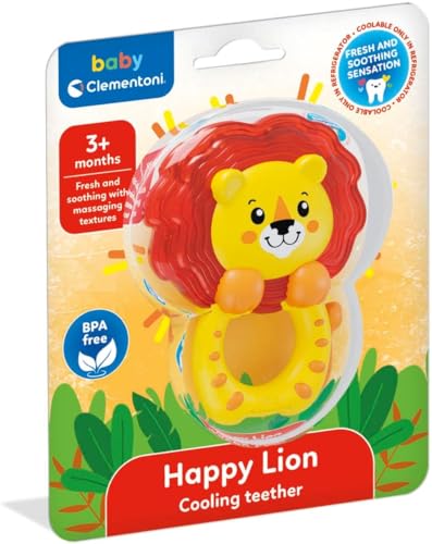 Clementoni Baby - Happy Lion Cooling Teether, dents refroidies pour nouveau-né à partir de 3 mois, différentes textures et couleurs, expérience multi-sensorielle, soulagement des gencives et