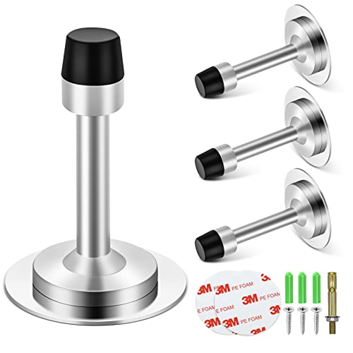 Door Stops, Door Stoppers For Bottom Of Door, 3.5 Inch Door Stopper No Drill With Rubber Bumper Tip, Stainless Steel Wall Mounted Doorstops Adhesive Door Stop Security, Brushed Nickel, 4 Pack #TOP13