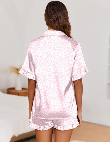 Image of Ekouaer Satin Pajama Set for Women 2 Piece Pj Sets Short Sleeve Sleepwear | Super Soft Silky Summer Loungewear Set with Ruffle Short Sleeve Top and Pocket Shorts, Casual Travel Daily Gift