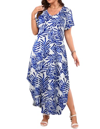 Image of JollieLovin Womens Plus Size Casual Summer Maxi Long Dress Short Sleeve T-Shirt Loose Sun Dress(L-5X)