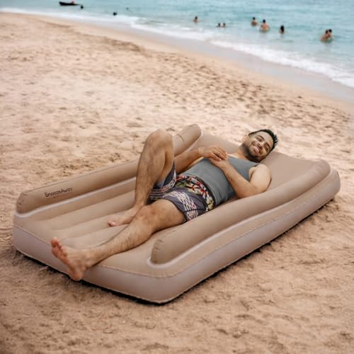 Image of SnoozeAway Inflatable Privacy Bed with Rechargeable Air Pump, Ultralight Portable Ergonomic Bed for Kids & Adults | Floating Pool, Beach, Camping, Trekking, Indoor & Outdoor Relaxation (Desert Beige)