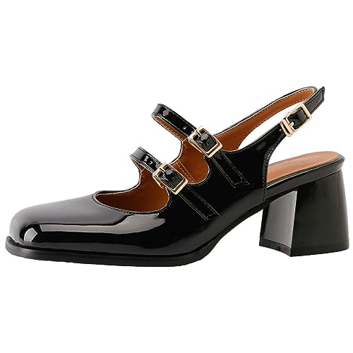 DINTAHA Goth Mary Jane Shoes Square Toe Slingback Heels Strappy Patent Leather Pumps - Main Image