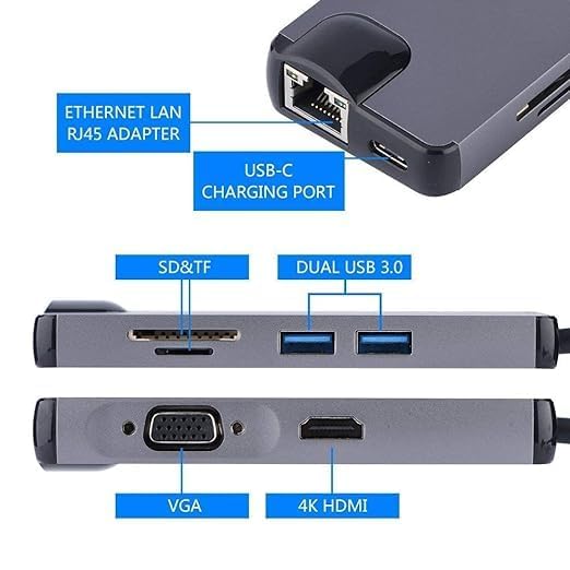 Image of USB HUB 8 in 1 USB C Adapter Docking Hub,Type C Thunderbolt3 to 4K UHD HDMI Converter & 2 USB 3.0,SD /TF Card Reader,60W Power Delivery,1000Mb Ethernet Port,VGA (USB C to 8 in 1 with RJ45 HUB)