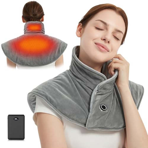 FERNIDA Cordless Weighted Neck and Shoulder Heat Pad with 10000mAh Battery, Electric Back Heating Pad for Back Pain, Heated Shoulder Wrap with 3 Heat Levels, Auto-Off Timer, Grey