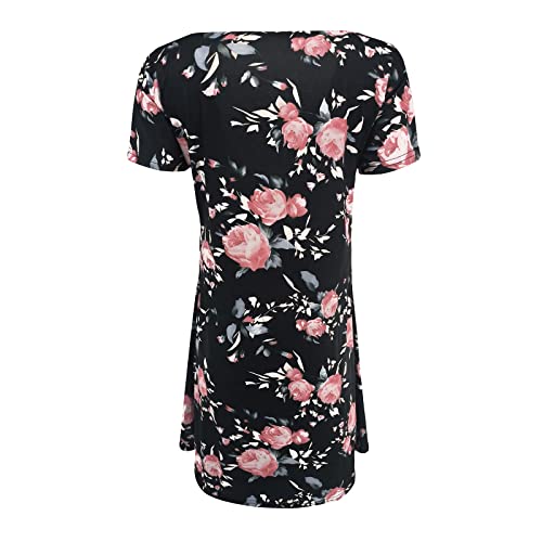 Vestido feminino para o dia das mães verão estampa floral manga curta casual vestido camiseta preto