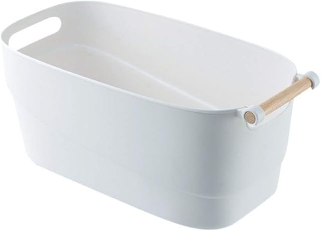 RyddeligHome Bathroom Storage Baskets Box Organiser Container Bin with Wooden Handle 9 litre for bathroom kitchen cupboards cabinets bedroom kids pantry caddy - pack of 1, white plastic decorative