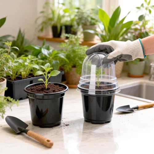 KINGLAKE 12 Stück Anzuchttöpfe pflanztöpfe 10cm, Pflanztopf Aufzuchttöpfe Klein, Blumentöpfe Kunststoff Mit Kuppel Deckel und 12 Stück Pflanzenstecker, Setzlinge Anzucht Töpfe Plastik-Schwarz