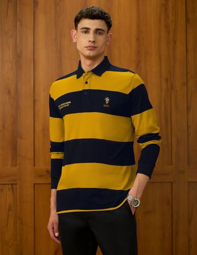 Image of U.S.Polo Association Men's Horizontal Striped Varsity Theatre Polo Shirt (USTSH3207 Dark Yellow 3XL)