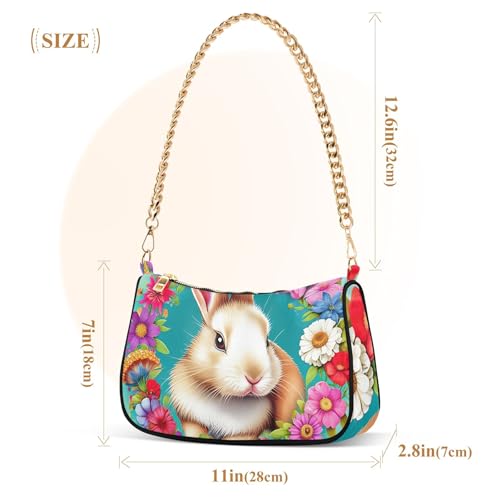 Cute Rabbit Floral Teal Ladies Shoulder Bag Floral for Women Classic Formal Purse Hobo Artistic Clutch Handbag Zipper Closure3