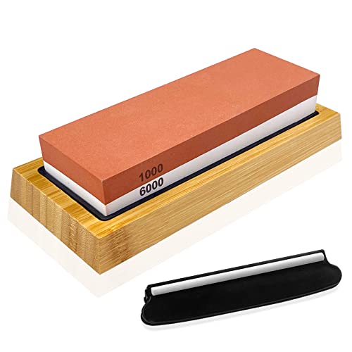 Uootach Piedra de Afilar, 1000/6000 Grano Afilador De Cuchillos, Piedra de amolar profesional dos en uno con base de bambú antideslizante, Tapete antideslizante de silicona y Locador