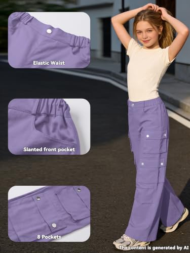 Image of SANGTREE Girls High Waist Casual Y2k Wide Leg Cargo Pants, 4-14 Years