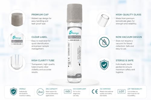 Image of Dr.Manya Sodium Fluoride Blood Collection Tube 2ml Non Vacuum | Grey Cap Glucose Collection Tube | Sterile Blood Sample Collection Tube | Laboratory, Hospital & Diagnostic Use | Pack of 100