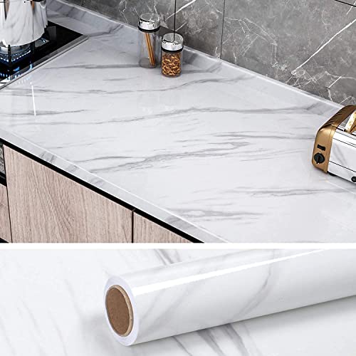 KASHIVAL Marble Glossy PVC Self Adhesive Space Wallpaper Kitchen Countertop Waterproof Cabinet Liner Furniture - (White, 200 * 60 Cm - 12 Sqft Approx)