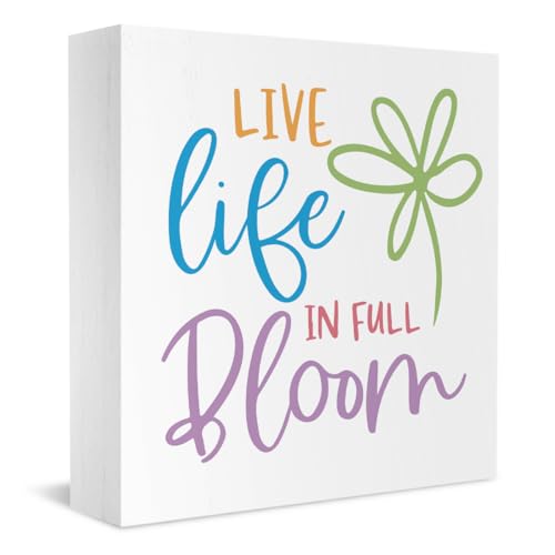 Spring Decor Live Life in Full Bloom Wood Sign Spring Decorative Gifts for Family Friends Women Spring Decorations for Home Office Farmhouse Living Room Bedroom Desk Table Shelf 5 X 5 Inches