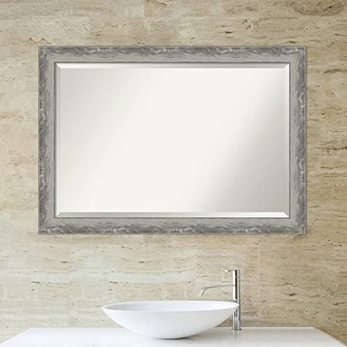 Image of Amanti Art Framed Vanity Mirror | Bathroom Mirrors for Wall | Waveline Silver Narrow Mirror | Wall Mounted Mirror | Large Mirror | 28.38 x 40.38