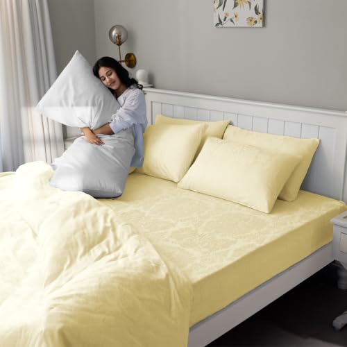 Image of Blue Dahlia 100% Cotton, King Size /Double, Bedsheet (108 inch x 108 inch) + 2 Pillow Covers, 300TC Premium Bedsheet, Symmetrical Jacquard Pattern - Ivory