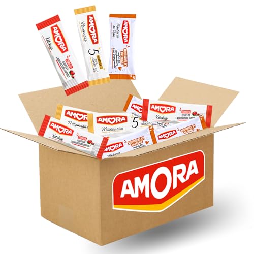 AMORA | Assortiment de 100 sticks de sauce Ketchup, Mayonnaise et Moutarde | dose individuelle pratique pour les barbecues, pique-nique et repas à emporter