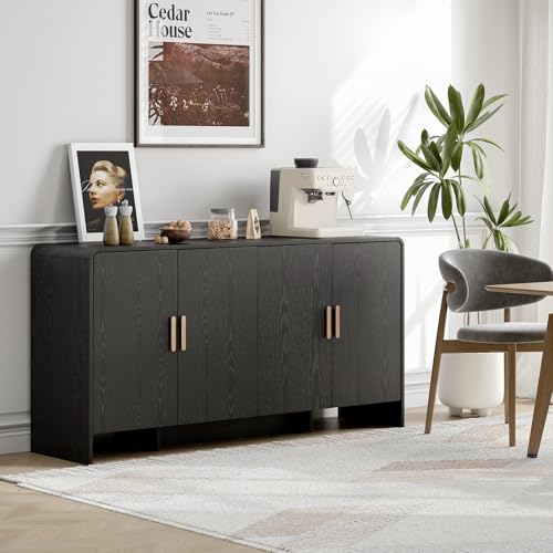 ONBRILL 60" Sideboard Buffet Cabinet with Storage, Curved Design Farmhouse Modern Coffee Bar Cabinet with 4 Doors & Adjustable Shelves for Living Room, Kitchen, Hallway, Black - Image 5