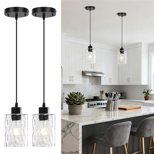 2 Pack Black Pendant Lights Kitchen Island, Adjustable Modern Glass