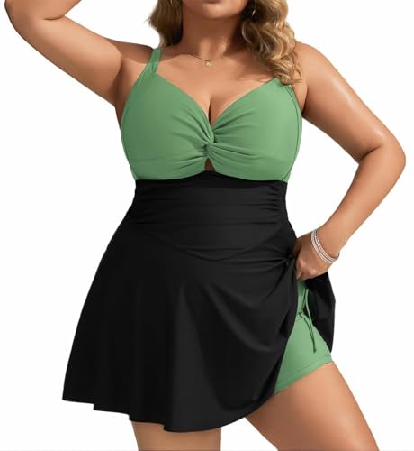 Hanna Nikole One-Piece Swimsuit Women V-Neck with High Waist Swimsuit Beach Tankini 26 Plus Sizes Green Black