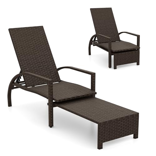 COSTWAY Rattan Sun Lounger, 5/6-Level Adjustable Garden Chaise Lounge Chair Sunbed with Retractable Footrest, Outdoor Wicker Recliner Chair for Patio Balcony Poolside (Mixed Brown, Rattan)