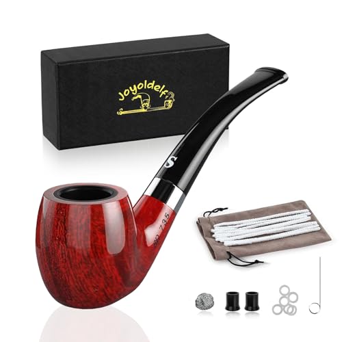 Joyoldelf Pipe à tabac, pipe à fumer avec fond plat – Goupille de tuyau et inviolable, cure-pipes et anneau en caoutchouc, bonus une pochette à pipe et un coffret cadeau