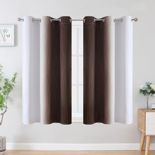 Estelar Textiler Brown and Greyish White Ombre Blackout Curtains 45 Inch Length 2 Panels, Full Room Darkening Gradient Drapes for Kitchen, Thermal Insulated Grommet Short Curtains for Bathroom,42Wx45L