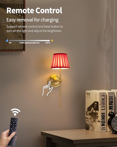 Image of KDG Cordless Wall Sconces Set of 2, Small Wireless 5200mAh Rechargeable Battery Fabric LED Wall Lamps, Portables Lightings for Wall Painting, Living Room, Bedroom, Hallway, Gifts, Night Light (Red)