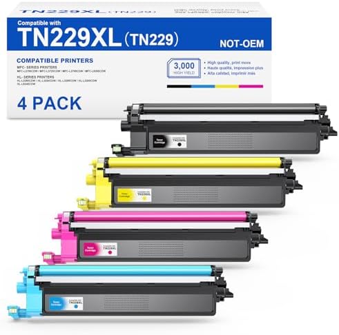 [with Chip] TN229XL Toner Cartridge Compatible Replacement for TN229XL TN229BK TN229 XL TN-229BK Work with MFC-L3780CDW MFC-L3720CDW HL-L3220CDW HL-L3280CDW Printer Toner (B/C/M/Y, 4-Pack)