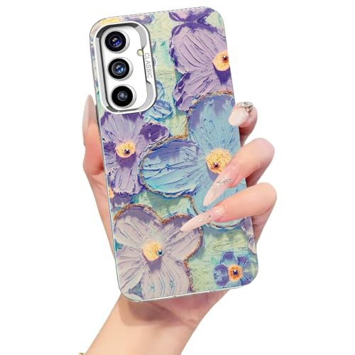 Elzzi Compatible with Samsung A56 5g Case Laser Flower Oil Painting Cute Colourful Blue Ray Bumper with Full Camera Protection Shockproof PC+TPU Glossy Shiny Cover for Girls Women, Green