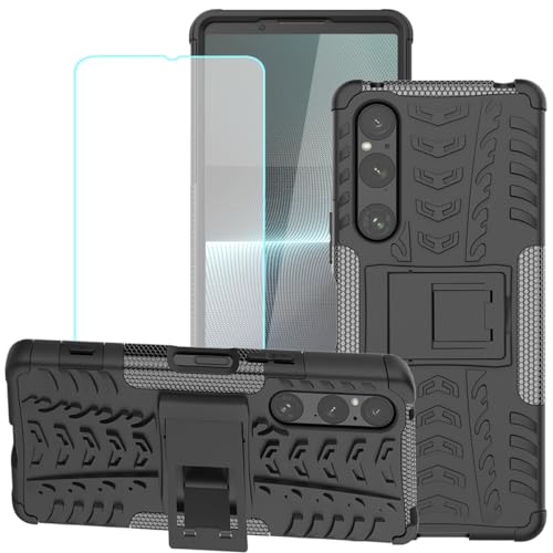 Yerebel for Xperia 1 V Case, Sony 1 V XQ-DQ72 Case with Tempered Glass Screen Protector, Kickstand Hard PC Back Cover TPU Dual Layer Protection Phone Cover for Sony Xperia 1V (Black)