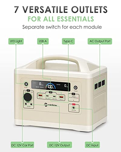 RAINBOW Portable Power Station 700W, 537Wh Backup LiFePO4 Battery, 3 x 110V/700W(Peak 1400W) AC Outlets, Solar Generator for Outdoor Camping, Quick Charge for Home, Hiking - Image 3