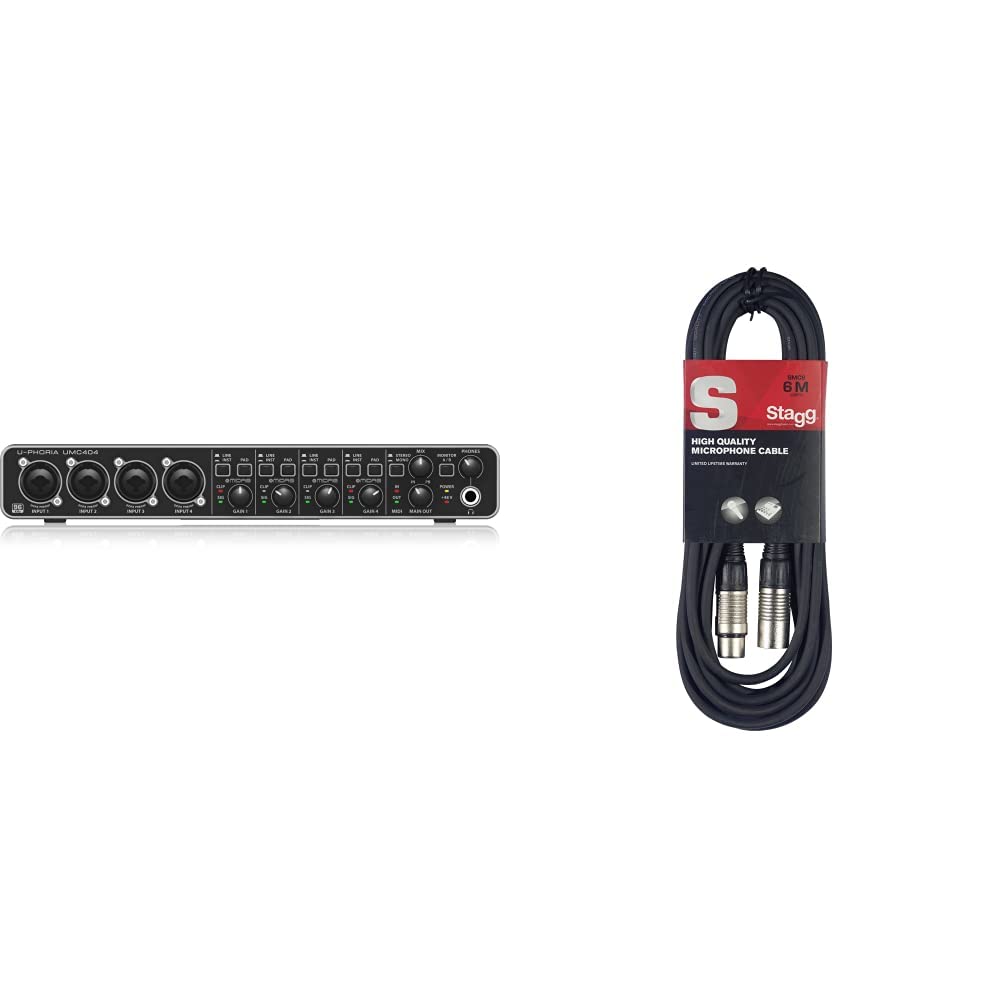 Behringer U-Phoria Umc404Hd Interface De Audio/Midi USB + Stagg Smc6 Cable para Micrófono Xlrf A Xlrm, Negro, 6 M