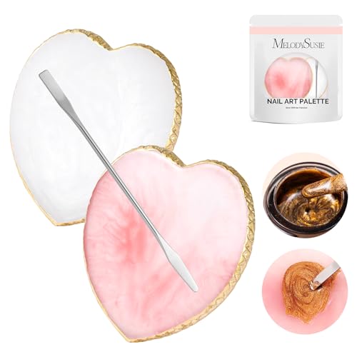 Image of MelodySusie 2Pcs Heart Resin Nail Art Palette with Spatula, Professional Gel Polish Mixing Board & Nail Training Companion for Practice Hands & Fingers, Pink & White