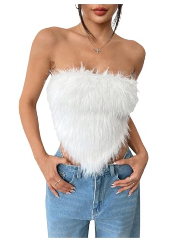 MakeMeChic Women's Fur Tops Concert Fuzzy Crop White Tube Tops Y2K Bandeau Snooki Outfit