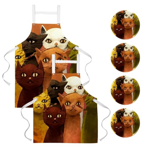 Lot de 2 tabliers de cuisine pour restaurant avec poches motif chat multicolore
