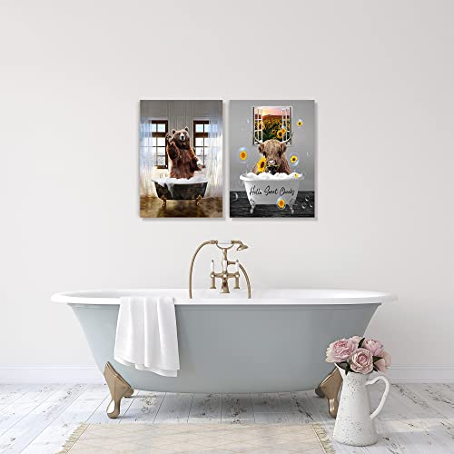 Funny Bear Bathroom Wall Art Bear Bathroom Pictures Wall Decor Farmhouse Bear Canvas Painting Bear In Bathtub Framed Artwork Ready To Hang 12"X16" #TOP4