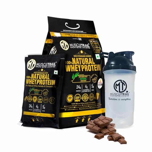 Image of MuscleTrail Gold Standard Series |60 Pouches with Shaker Inside |24G Natural Whey Protein Concentrate and isolate (1860g| 4lbs) for Muscle Building (Chocolate)