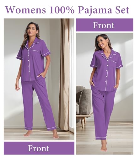 Image of CF Womens 100% Cotton Pajamas Set Button Down Pjs Sets Short Sleeve Top & Long Pants Sleepwear Comfy Loungewear with Pockets