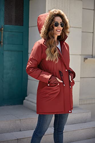 Grace Karin Long Warm Fashion Hoodie Winter Jackets For Women Thicken Fleece Lined Faux Fur Jackets Anoraks With Pockets Windproof Wine Red M #TOP3