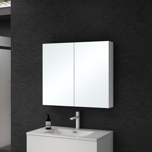 doporro Spiegelschrank Wandschrank mit Spiegel in matt weiß 80x70 cm Hängeschrank Aufbewahrungsschrank für Badezimmer 2 Türen mit verstellbarem Regalbrett Spiegelschrank 02