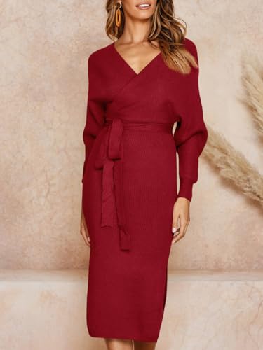 Image of Chang Yun Women's Long Maxi Sweater Dresses Sexy Wrap Batwing V Neck Slit Open Back Holiday Bodycon Dress with Belt