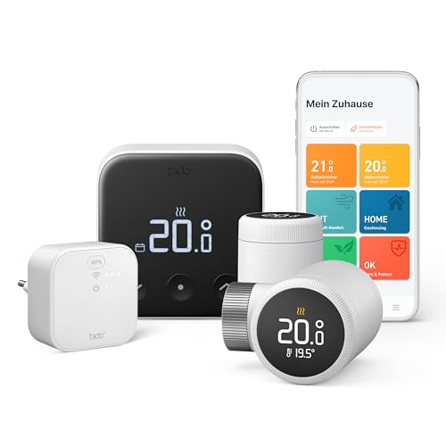 tado° Starter Kit X für mehrere Räume - mit 2 Heizkörperthermostaten und verkabelten Wandthermostat für die Boilersteuerung, Heizungssteuerung per App und Smart Speaker (Alexa, Siri), Matter & Thread